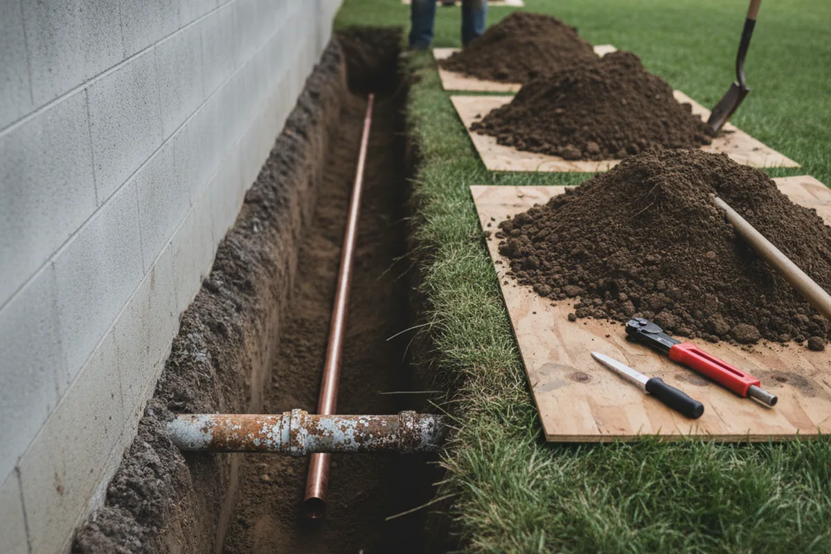 Excavated water line trench during Water Heater Repair in Hartford